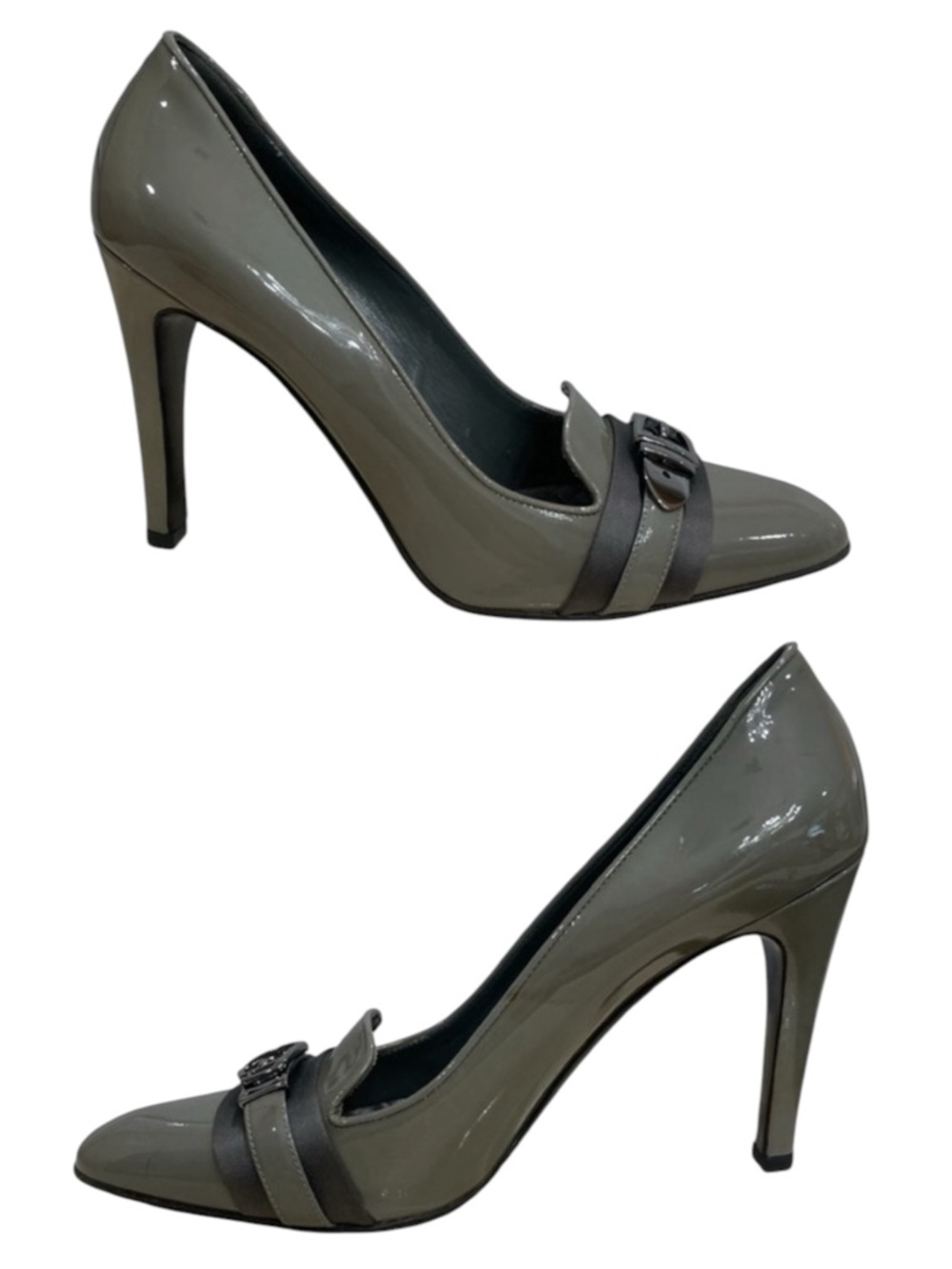 GUCCI Olive Green Gray Patent Leather Buckle Pumps US 10 B - Picture 7 of 14